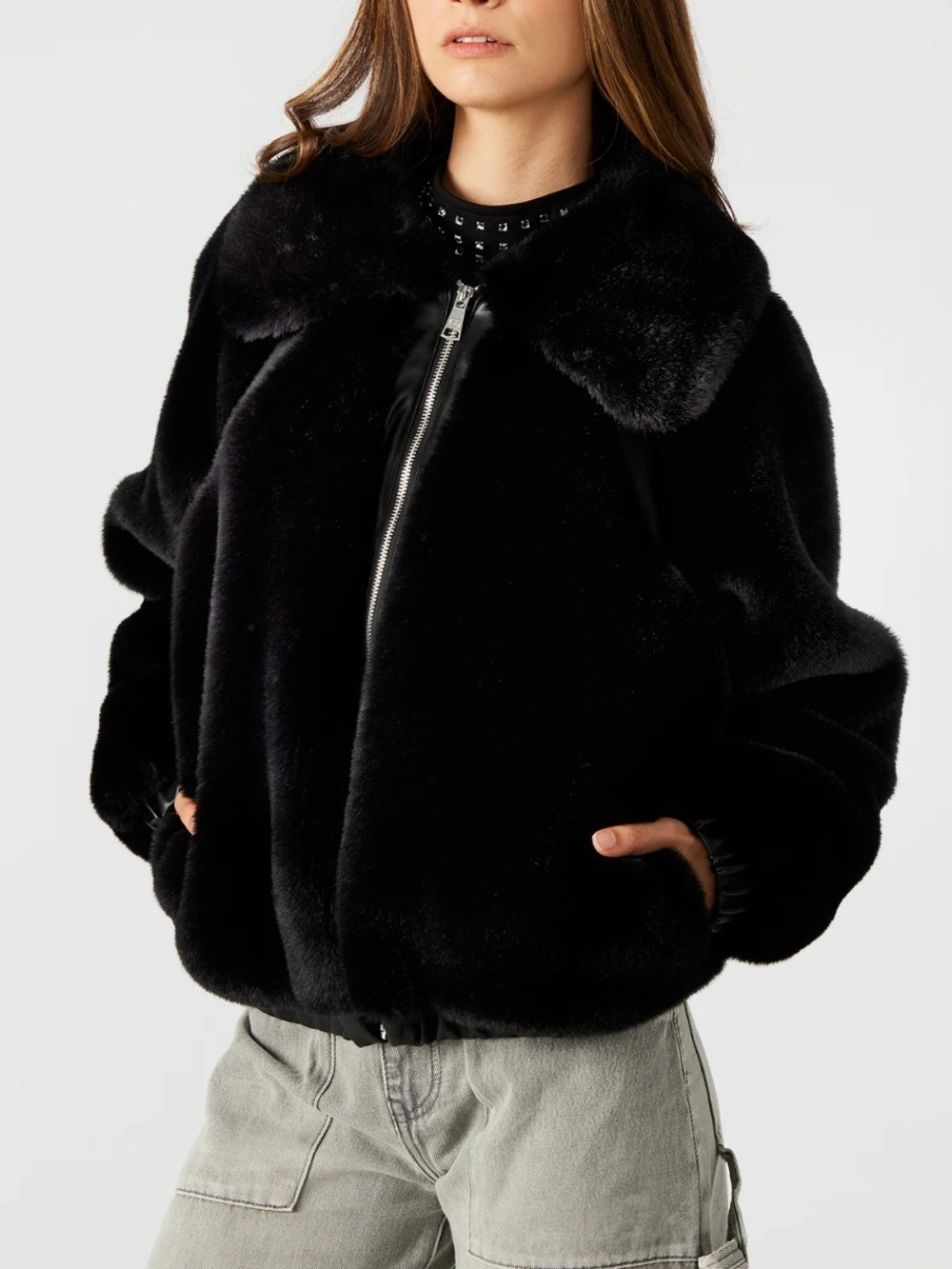 Steve Madden Black Faux Fur Zephrine Bomber Jacket Full Collar & Zip 2 Pocket XS